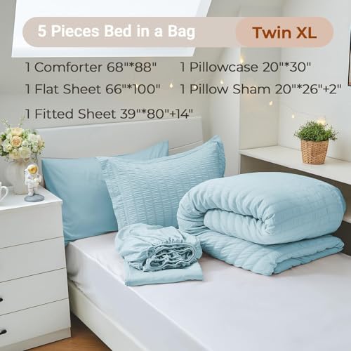 MUXHOMO 5 Pieces Twin XL Comforter Set, Seersucker Bed in a Bag Twin XL Size, All Season Luxury Bedding Set with Comforter, Flat Sheet, Fitted Sheet, Pillowcase & Sham, Lake Blue