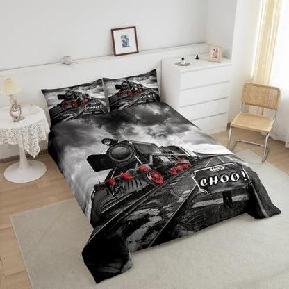 Retro Train Boys Bedding Set Queen Size,Black Red Old Train Car Comforter Set Rail Transportation Vehicles Quilt Set for Kids Girls Teens Room Decor,Vintage 3D Train Duvet Insert,2 Pillowcases
