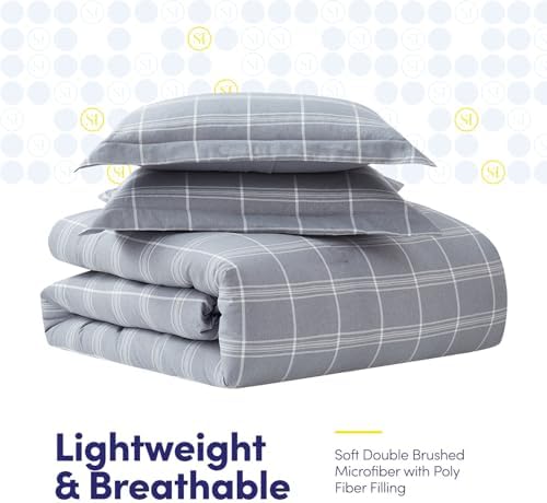 7 Piece Comforter Set Bag Solid Color All Season Soft Down Alternative Blanket & Luxurious Microfiber Bed Sheets, King, Gray Plaid