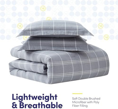 7 Piece Comforter Set Bag Solid Color All Season Soft Down Alternative Blanket & Luxurious Microfiber Bed Sheets, King, Gray Plaid