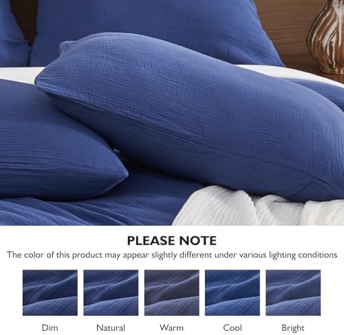 EMME Muslin Cotton Duvet Cover Set Linen Like Navy King