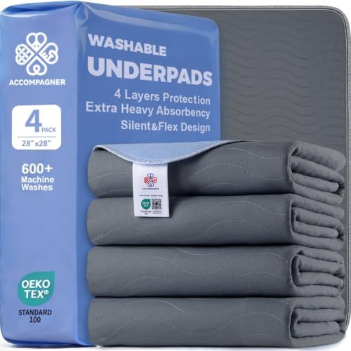 Accompagner Incontinence Bed Pads Washable Waterproof Underpads 28"x28" 4pc