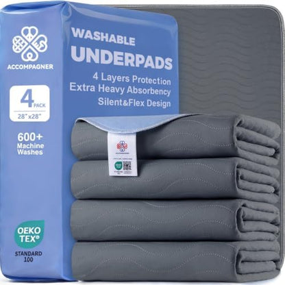 Accompagner Incontinence Bed Pads Washable Waterproof Underpads 28"x28" 4pc