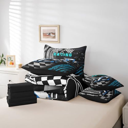 Kids Boys Sports Car Comforter Set 7 Pieces,Blue Race Car Bed Set,Extreme Sports Theme Bedding Bed in a Bag Soft,King (1 Comforter,2 Pillowcase,2 Pillow Covers,1 Flat Sheet,1 Fitted Sheet)
