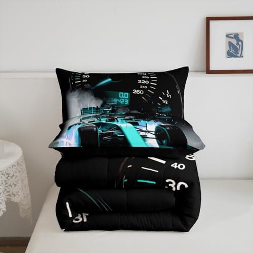 Feelyou Sports Car Bedding Set Formula Race Car Comforter Set for Kids Boys Girls Extreme Sports Theme Comforter Cool Speed Teal Blue Decor Quilt Set Bedroom Collection 3Pcs Queen Size