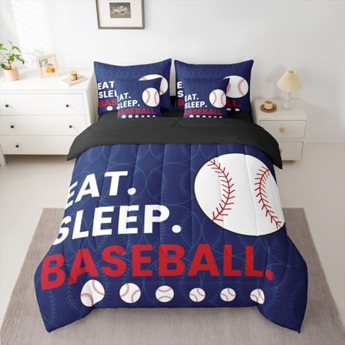 Erosebridal Kids Baseball Games Navy Blue Comforter Set Queen Size 7 Pieces | Softball Sports Gaming Bed in A Bag White Red Bed Set Boys Girls Teens Bedding