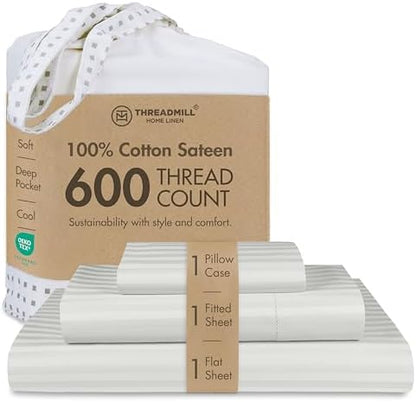 Threadmill 3-Piece Bed Linen Set, Twin XL, 600 Thread Count, 100% Cotton, Light Grey Damask Stripe, Sateen Weave, Deep Pocket, Cooling Effect