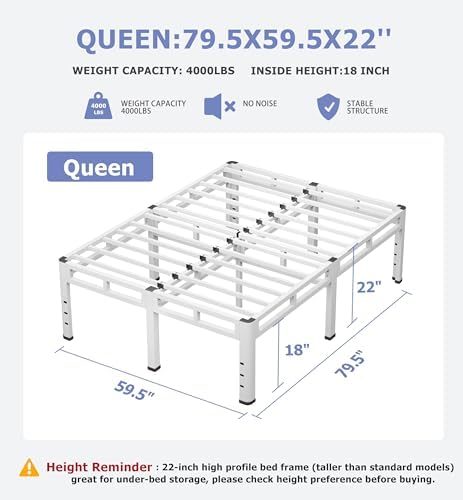 NKZ Metal Platform Bed Frame Queen Size, 22 Inch Dual-Layer Heavy Duty Base