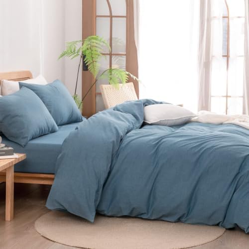 BESTOUCH Cotton Solid Duvet Cover Set Linen Feel Dark Blue Alaska King