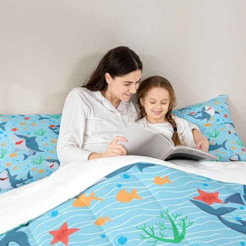 Cute Shark Comforter Set Queen Size,Fish Coral Bedding Set 3pcs for Kids Teens Boys Girls Room Decor,Mysterious Under Sea Animals Plants Themed Quilt Set Cartoon Blue Duvet Insert with 2 Pillowcases
