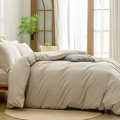 BESTOUCH Cotton Solid Duvet Cover Set Linen Feel Almond Milk Grey Twin