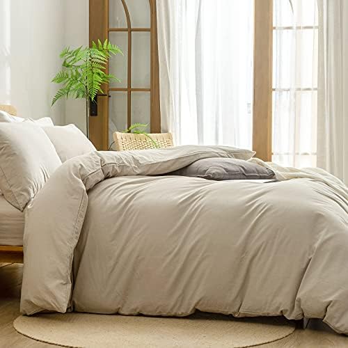 BESTOUCH Cotton Solid Duvet Cover Set Linen Feel Almond Milk Grey Full