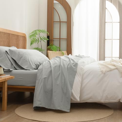 BESTOUCH Twin Washed Cotton Linen Feel Sheet Set 3pc Northern Droplet Grey