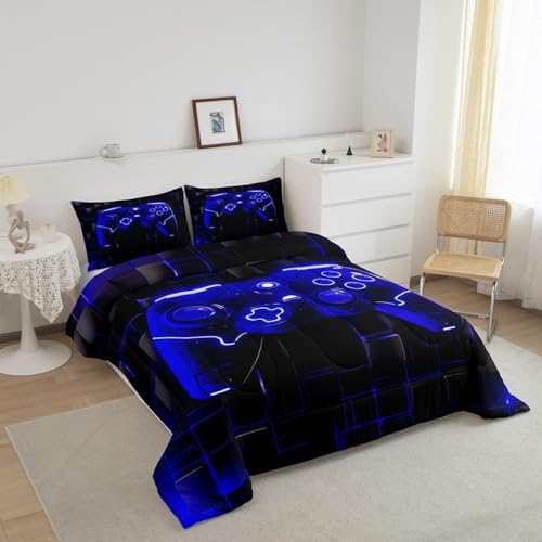 Manfei Modern Gamer Kids Comforter Set King Size, Royal Blue Gaming Bedding Set for Boys Teens Adults Bedroom Decor, Black Videogame Down Comforter, Reversible Gamepad Quilt Set, 2 Pillowcases