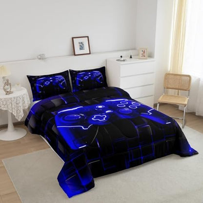 Manfei Modern Gamer Kids Comforter Set King Size, Royal Blue Gaming Bedding Set for Boys Teens Adults Bedroom Decor, Black Videogame Down Comforter, Reversible Gamepad Quilt Set, 2 Pillowcases