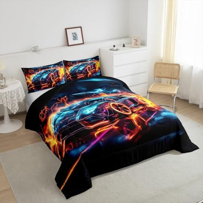Erosebridal Ice Fire Race Car Boys Toddler Comforter Set,Blue Black Cars Bedding Set for Kids Children Teens Girls,Orange Blue Geometric Wheel Racing Car Quilt,Extreme Sports Bedding Sets for Boys