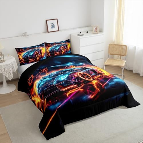 Erosebridal Ice Fire Race Car Boys Queen Comforter Set,Blue Black Cars Bedding Set for Kids Children Teens Girls,Orange Blue Geometric Wheel Racing Car Quilt,Extreme Sports Bedding Sets for Boys