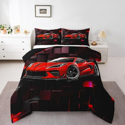 Erosebridal Racing Car Comforter Set Full Red Sports Car Bedding Set for Boys Speed Extreme Sports Theme Down Comforter Car Racing Quilt Black Red Geometric Square Duvet Insert 3Pcs Bedding Decor