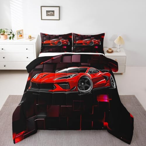Erosebridal Racing Car Comforter Set Toddler Red Sports Car Bedding Set for Boys Speed Extreme Sports Theme Down Comforter Car Racing Quilt Black Red Geometric Square Duvet Insert 2Pcs Bedding Decor