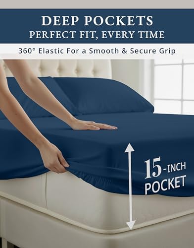 LANE LINEN King Bed Sheets 100% Egyptian Cotton Sateen - Navy Swiss Dot
