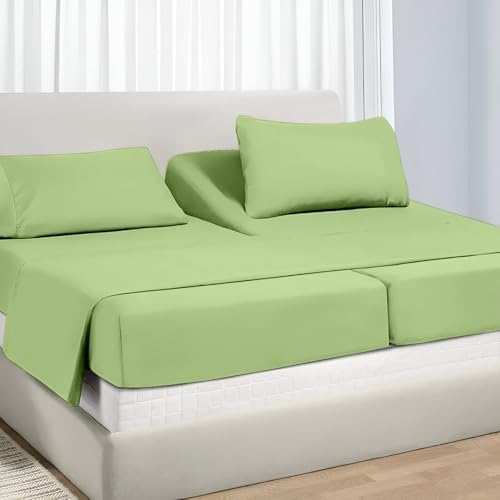 NON Sticky cotton Adjustable Split King Sheet Set for Sleep Number Beds, Premium 100% Long Staple Cotton Bedding, Two Twin XL 39" X 80" Fitted Sheets Fits Up to 18" Deep Mattress, Sage Solid