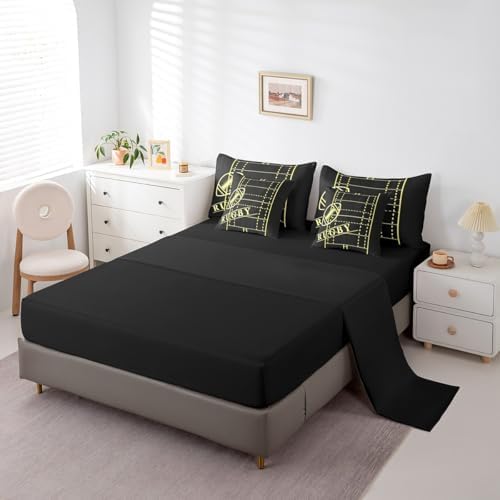 Sport Bedding Comforter Sets 7pcs Soccer Bed in a Bag for Boys, Black Yellow Full Bedding Sets Gold Gradient Neon Comforter Set, Football Themed Bedding Sets & Collections (Black Reversible)
