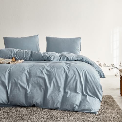 Wake In Cloud - Cotton Duvet Cover Set, 100% Washed Cotton, Linen Like Textured, Breathable Durable Comfy Farmhouse Neutral Bedding Set, 3 Pieces, Light Denim Blue, Queen Size