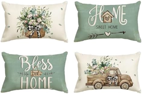 AVOIN colorlife Bless Our Home Farmhouse Eucalyptus Leaves Throw Pillow Covers, 12 x 20 Inch Blue Truck Home Sweet Cushion Case Decorations Set of 4