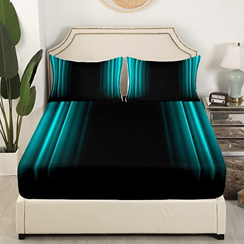 Feelyou Geometric Abstract Ombre Bed Sheets Kids Teens Teal and Black Striped Sheet Set Decor Modern Fashion Bed Set Bedroom Collection 3Pcs Twin Size