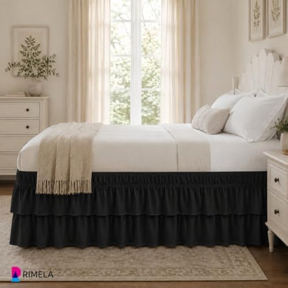 RIMELA Queen Size Ruffle Bed Skirt 16 Inch Drop - Black Double Layered Wrap Around Dust Ruffle, Romantic Cute Design Bedskirt with High-Density Fabric, Soft Stretchy, Easy Install for Queen Bed