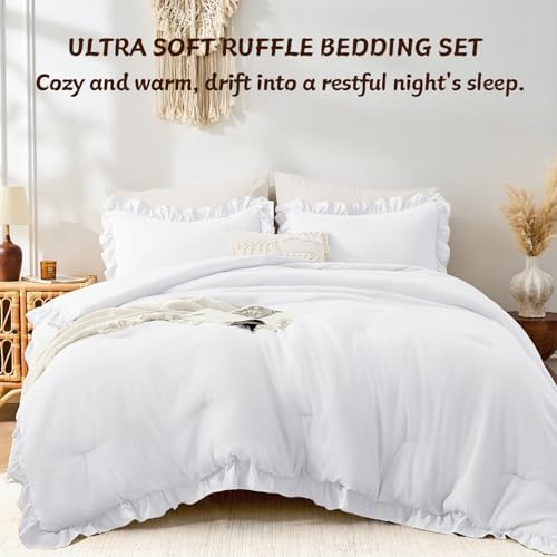 FUANNA Full Size Comforter Sets, Ruffle Bedding Set, 3 Piece Bed Set, White