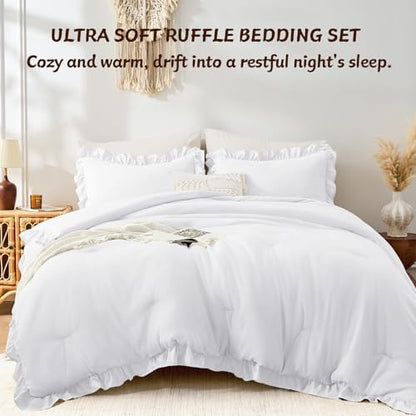 FUANNA Full Size Comforter Sets, Ruffle Bedding Set, 3 Piece Bed Set, White