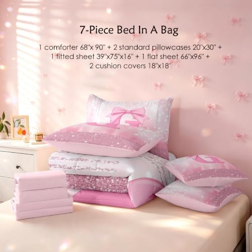 Feelyou Kids Pink Bowknot Bed in A Bag Twin Size for Boys Girls