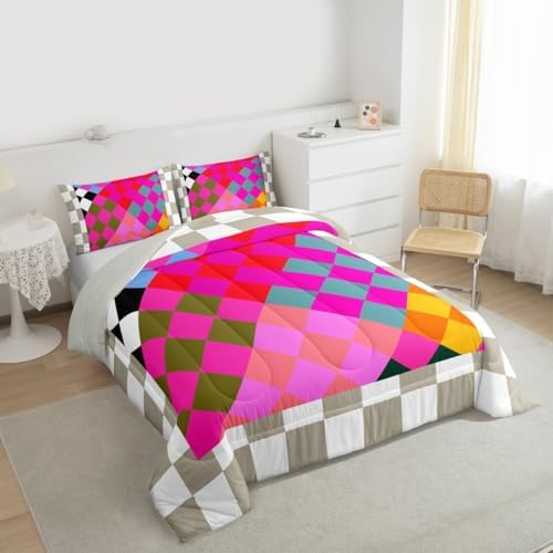 Checkered Geometric Comforter Set All Season Retro Rose Pink Beige Brown Plaid Bedding Set with 1 Pillow Cases Checkerboard Modern Aesthetic Kids Toddler Bedclothes Reversible Grey Decor Duvet Quilt