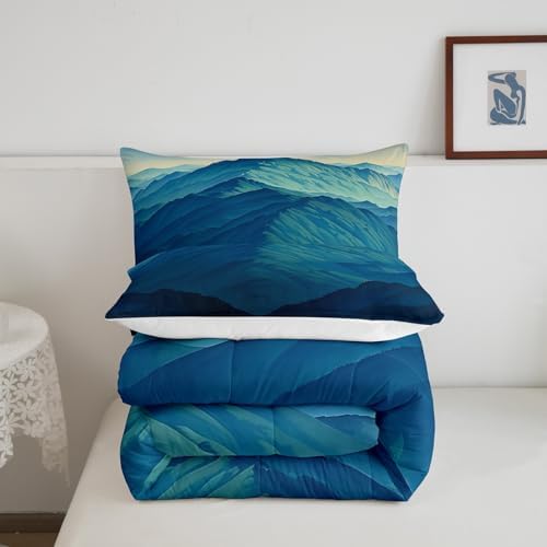 Mountain Comforter Set Twin Size,Nature Scenery Bedding Set for Kids Boys Girls Room Decor,Japanese Style Abstract Art Modern Quilt Set 2Pcs,Minimalism Mountain Rustic Duvet Insert,1 Pillowcase