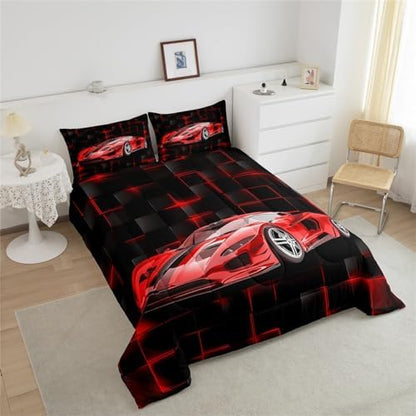 Feelyou Kids Red Race Car Comforter Set King Size Speed Sports Car Bedding Set for Boys Teens Decor Geometric Honeycomb Comforter Extreme Sports Duvet Set 3pcs