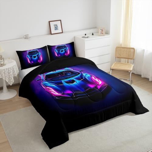 Kids Boys Sports Car Comforter Set Full Size Purple Blue Race Car Bedding Sets for Kids Teens Room Decor Extreme Sports Theme Comforter Cool Speed Luxury Car Decor Quilt Set Soft for All Season