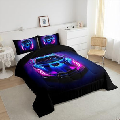Kids Boys Sports Car Comforter Set Full Size Purple Blue Race Car Bedding Sets for Kids Teens Room Decor Extreme Sports Theme Comforter Cool Speed Luxury Car Decor Quilt Set Soft for All Season