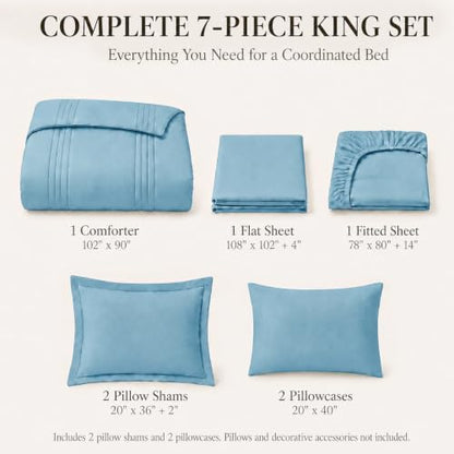 CozyLux King Size Comforter Set Aqua Blue- 7 Pieces Bed in a Bag