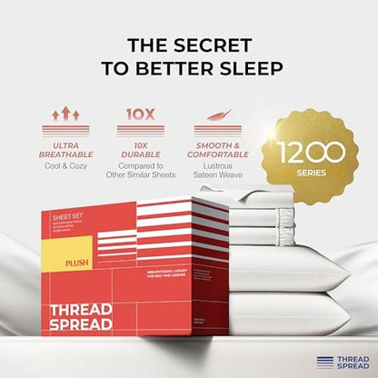 THREAD SPREAD 100% Egyptian Cotton Split King Sheets Sets for Adjustable Bed - Luxury 1200 Series Split King Sheets (5 PC, White), Soft, Cooling, 17" Deep Pocket Sheet Set - Plush Collection