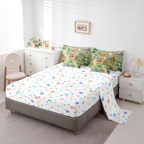Erosebridal Camping Themed Bedding Set for Kids Teens,Cartoon Animal Comforter Set Twin Size,Camping Lover (Comforter+Fitted+Flat Sheet+2 Pillowcases+2 Throw Pillow Covers) 7 Pieces Bed Set