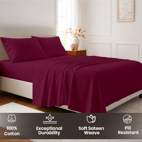 SGI bedding 100% Egyptian Cotton Sheets Queen Size – Cooling Sheets, Soft Breathable Burgundy Bedding, Luxury Bedding, Luxury Hotel Sheet Set, Deep Pocket 16", 4 Piece Set