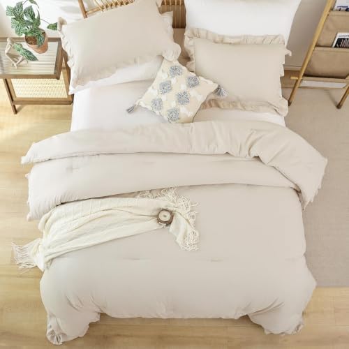 JANZAA Beige Comforter Set California King, Ruffle Soft Bedding