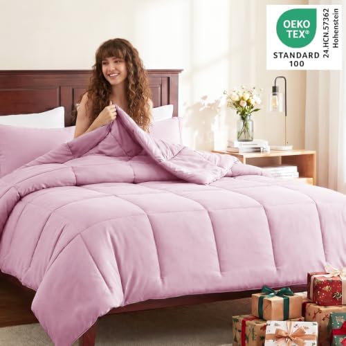 CozyLux Full Size Comforter Sets, 3-Piece Box-Stitched, Light Pink