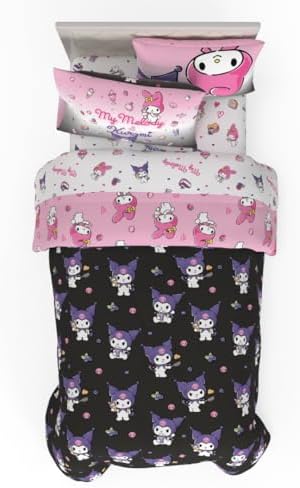 Sanrio Kuromi & My Melody Bedding 5 Piece Super Soft Cozy Reversible Comforter and Sheet Set with Sham, Twin, (Officially Licensed Product) By Franco