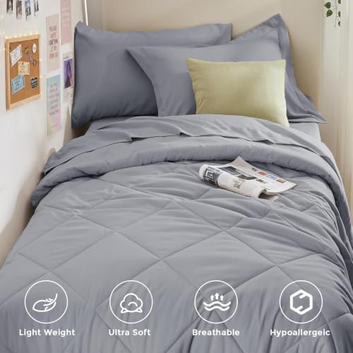 HEVUMYI 5-Piece Twin Comforter Set, Light Gray Bed in a Bag