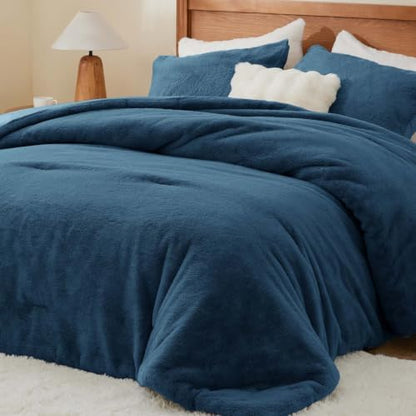 BEDELITE Faux Fur King Comforter Set Navy,Warm Bedding with 2 Pilowcases