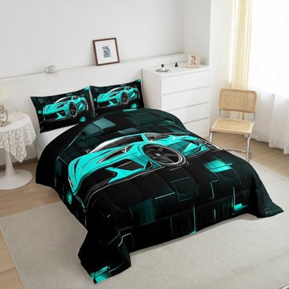 Erosebridal Kids Racing Car Comforter Set Twin Blue Sports Car Bedding Set for Boys 3D Geometric Blocks Down Comforter Speed Race Car Quilt Black Blue Squares Duvet Insert 2Pcs Bedding Decor