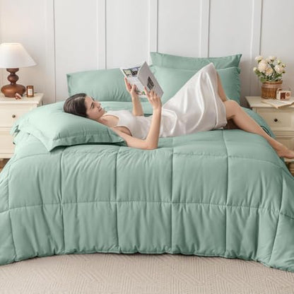 JOLLYVOGUE Twin Comforter Set, Ultra-Soft Bed in a Bag Twin Size 5 Pieces, Oeko-TEX Certified Bedding Set with Down Alternative Comforter, Sheets, Pillowcases & Shams, Sage Green