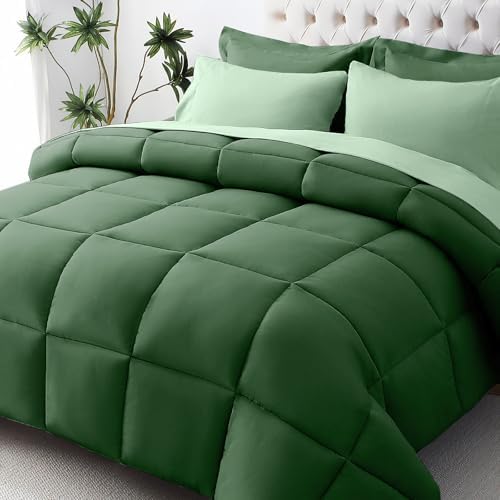 JOLLYVOGUE Full Comforter Set, Ultra-Soft Bed in a Bag Full Size 7 Pieces, Oeko-TEX Certified Bedding Set with Down Alternative Comforter, Sheets, Pillowcases & Shams, Dark Green & Light Green